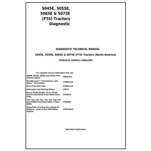 JOHN DEERE 5075E TRACTOR (NORTH AMERICA) DIAGNOSTIC TECHNICAL MANUAL TM901619 - PDF FILE