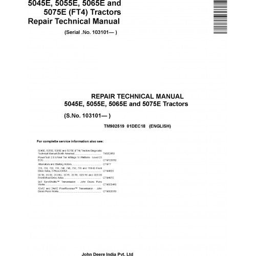 JOHN DEERE 5075E TRACTOR REPAIR TECHNICAL MANUAL TM902519 - PDF FILE