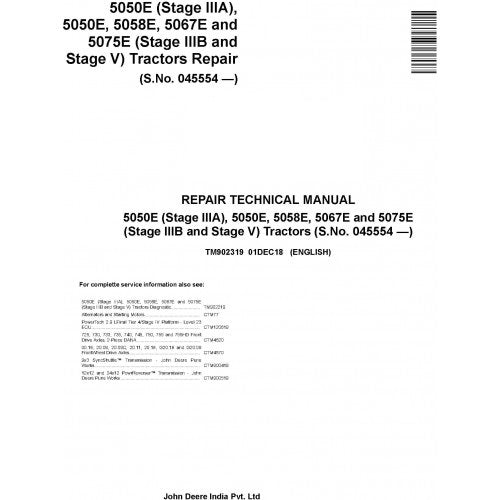 JOHN DEERE 5050E TRACTOR SERVICE REPAIR TECHNICAL MANUAL (TM902319) - PDF FILE