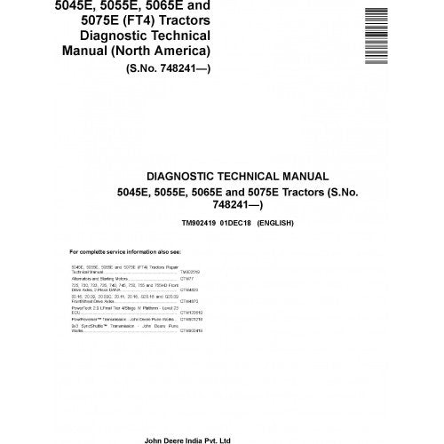 JOHN DEERE 5065E (USA) TRACTOR DIAGNOSTIC TECHNICAL MANUAL (TM902419) PDF FILE